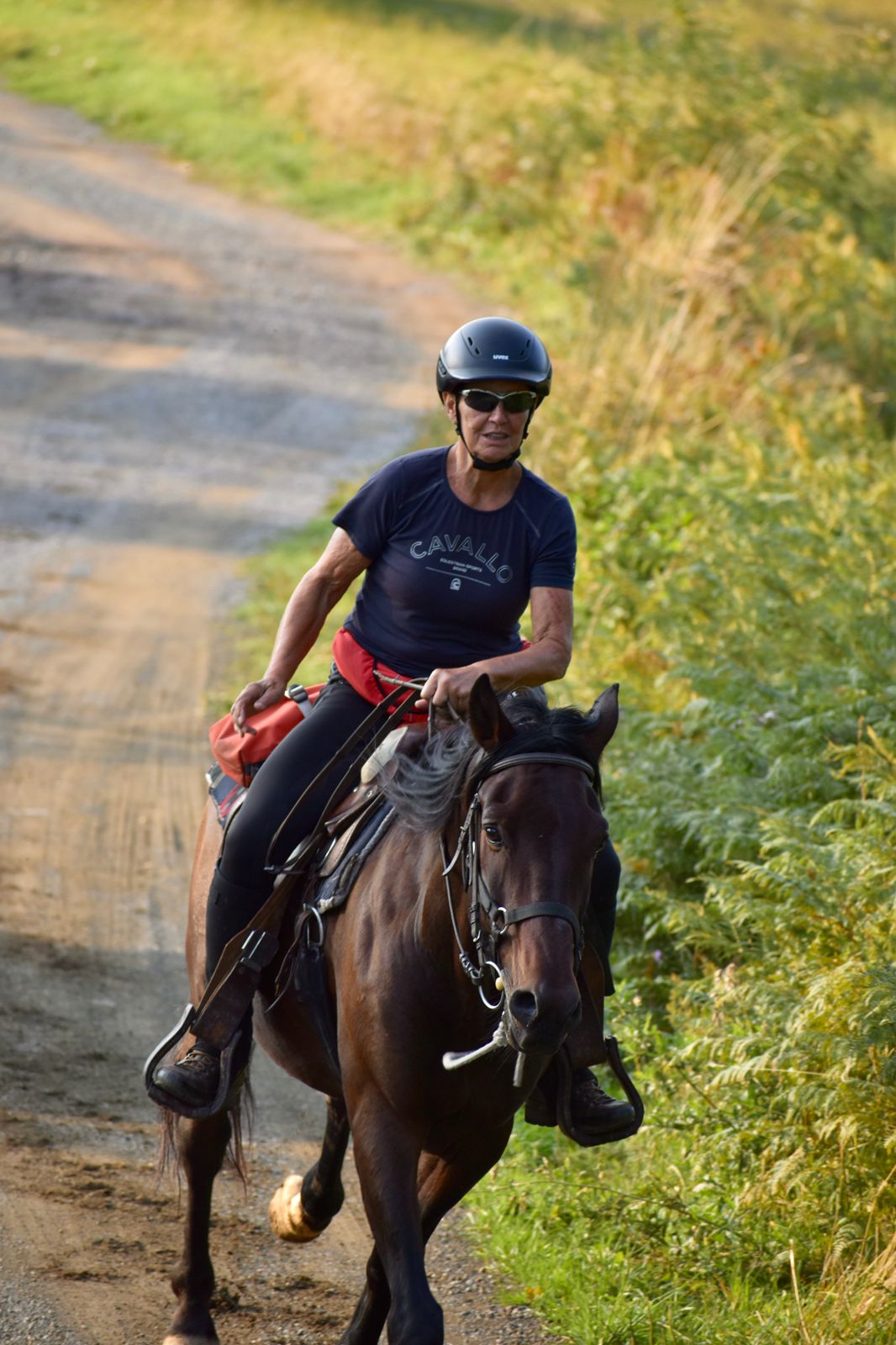 Jinete profesional con casco en sendero rural